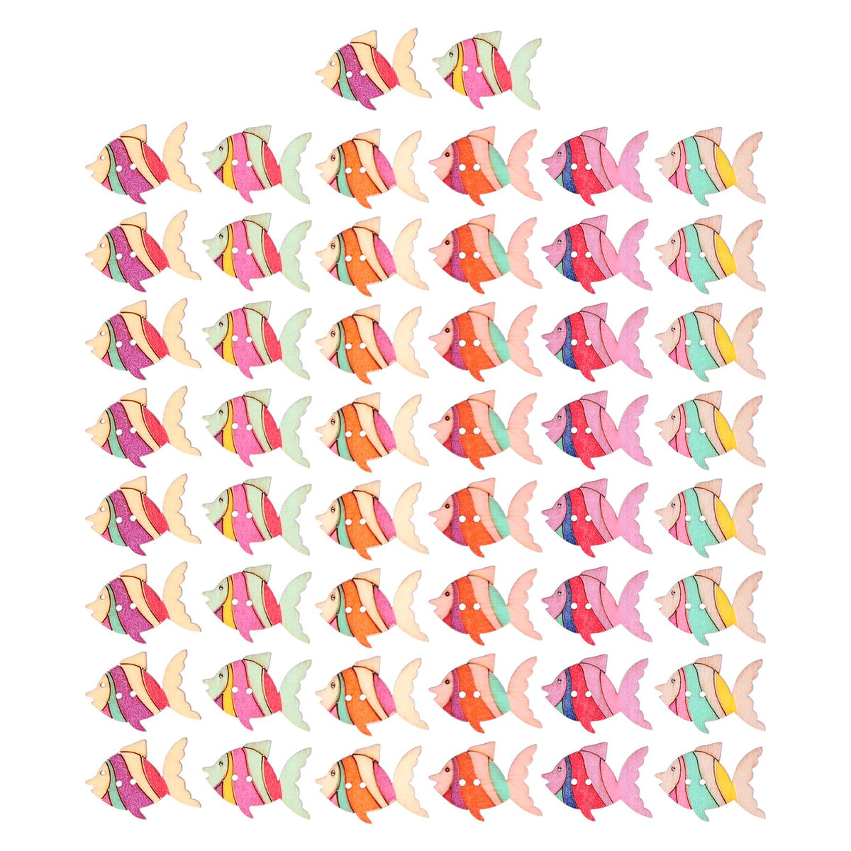 Set of 50 wooden buttons with colorful cartoon fish patterns for children's handmade crafts and decorating toys.