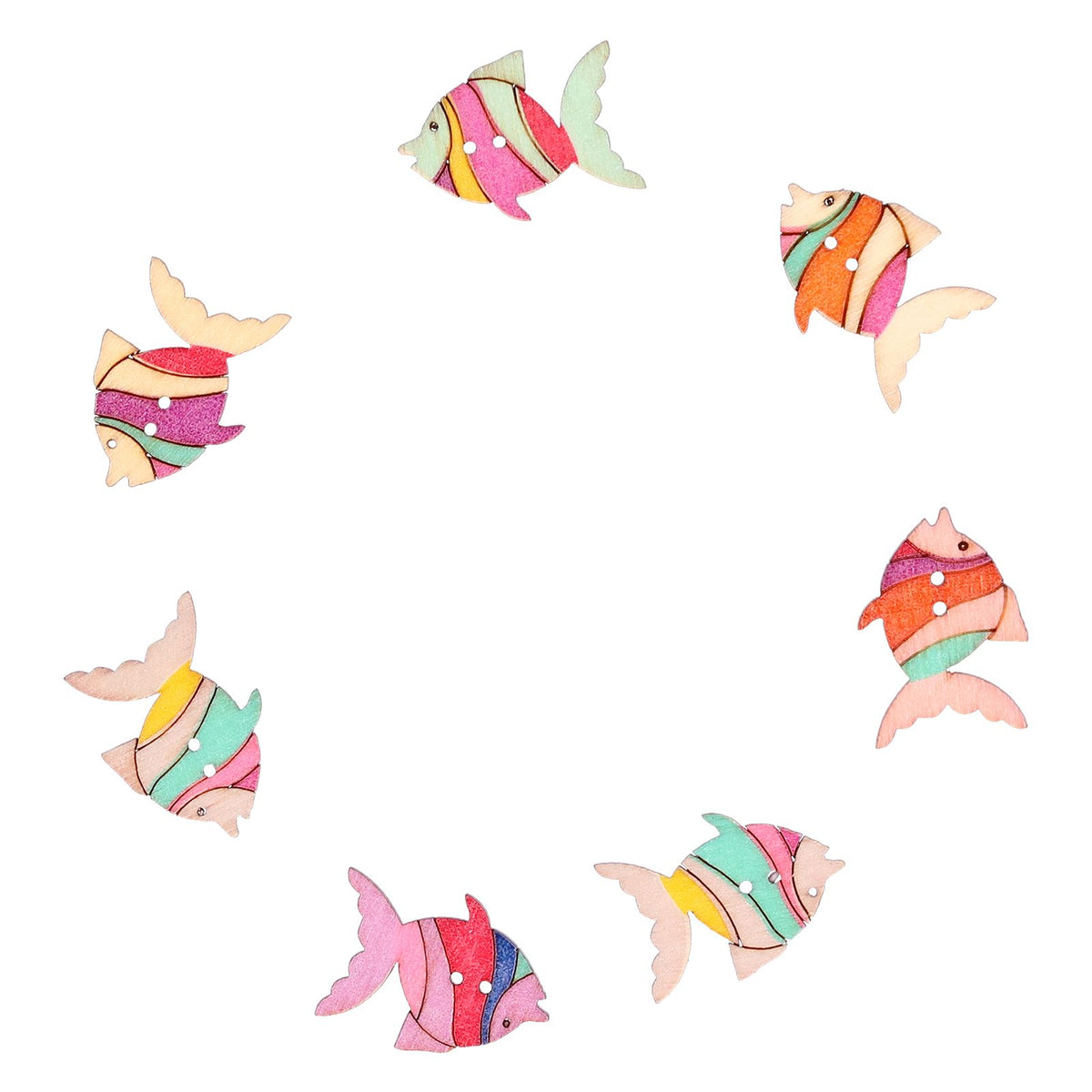 Set of 50 wooden buttons featuring cute fish cartoon patterns, ideal for children's handmade craft and toy projects.