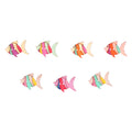 Set of 50 wooden buttons with colorful cartoon fish patterns for children's craft and decoration projects.