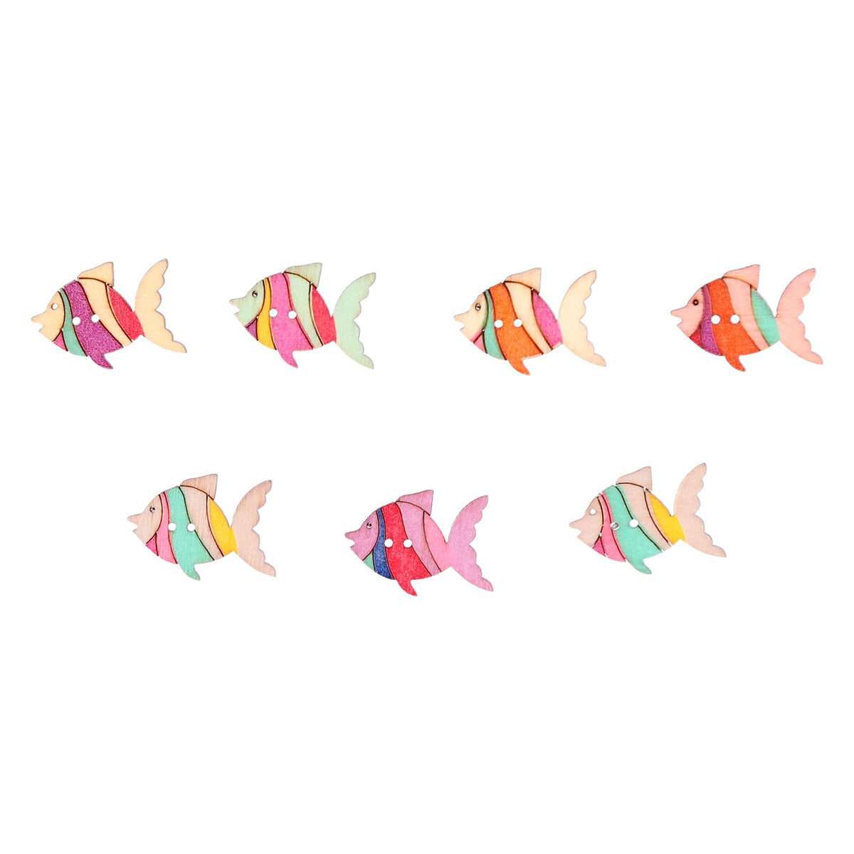 Set of 50 wooden buttons with colorful cartoon fish patterns for children's craft and decoration projects.