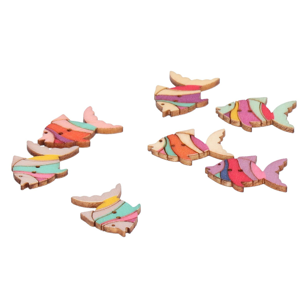 Set of 50 wooden buttons with cute fish pattern, perfect for children's handmade crafts and toy decorations.