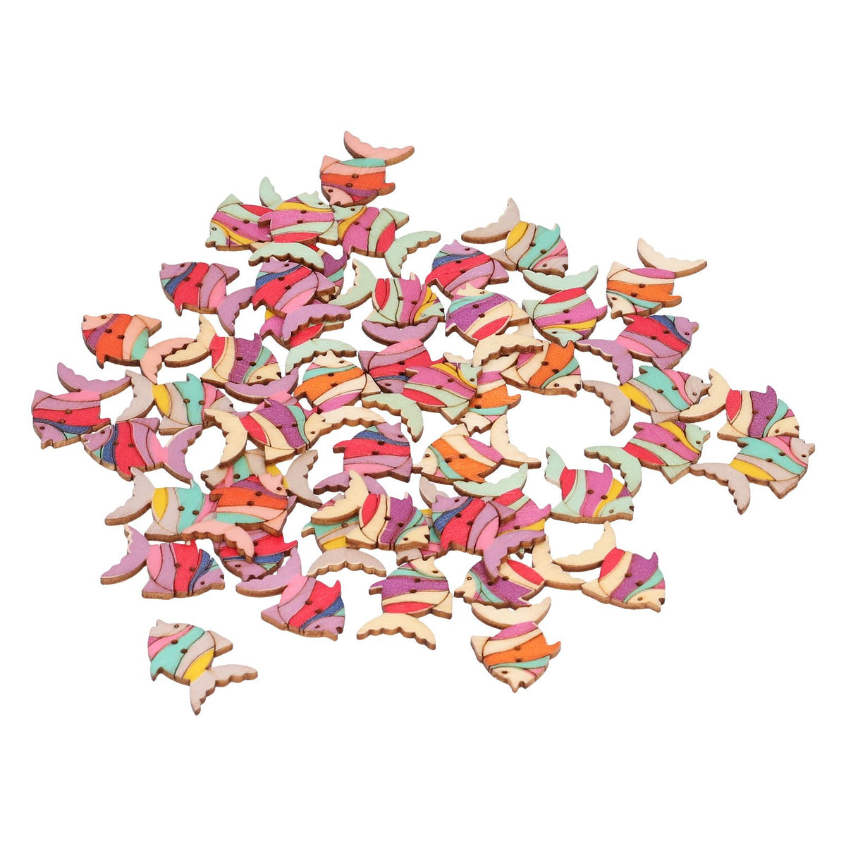 Set of 50 wooden buttons featuring colorful cartoon fish patterns, perfect for children's handmade craft and toy projects.