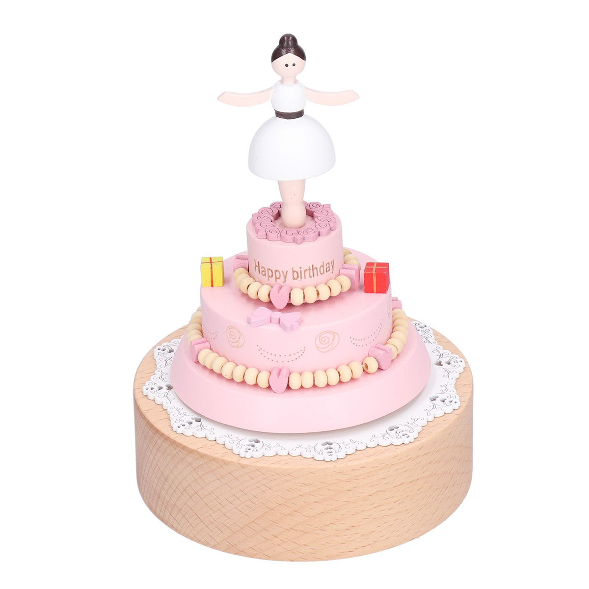 Wooden music box featuring a girl figure, part of baby and kid's pretend play toys, with a birthday cake design and decorative wooden craft.