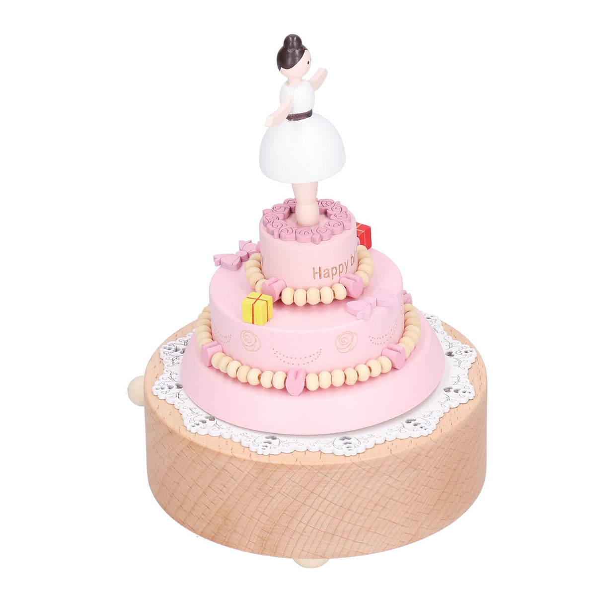 Wooden music box featuring a girl figure, ideal for birthday cake decor and pretend play, by Everything Baby.