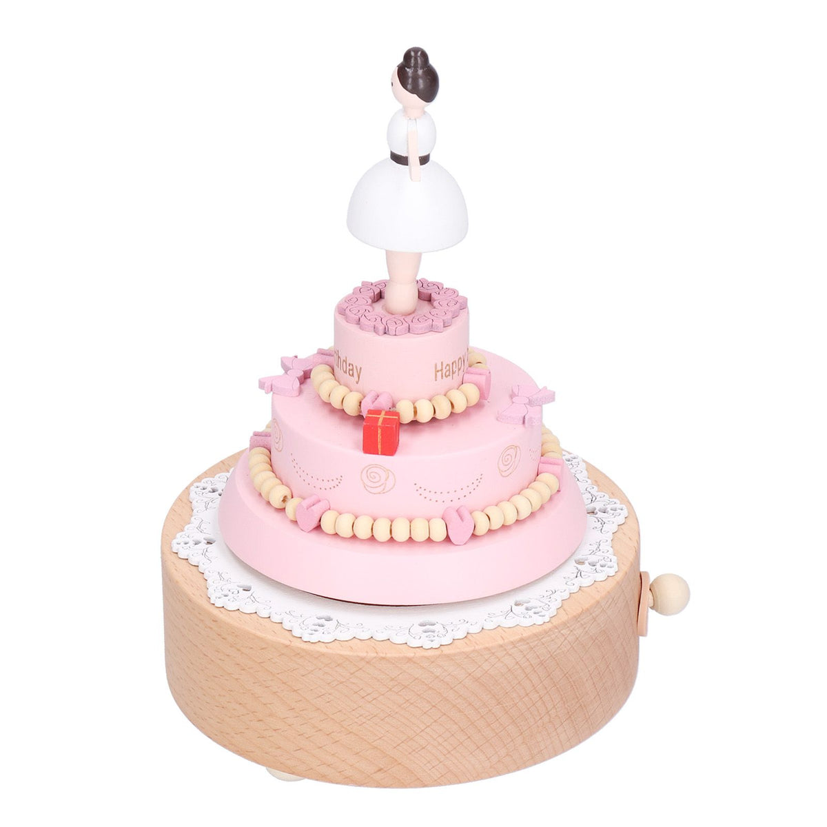 Wooden music box with girl figure, designed for kids' pretend play, featuring a birthday cake motif and crafted by Everything Baby.