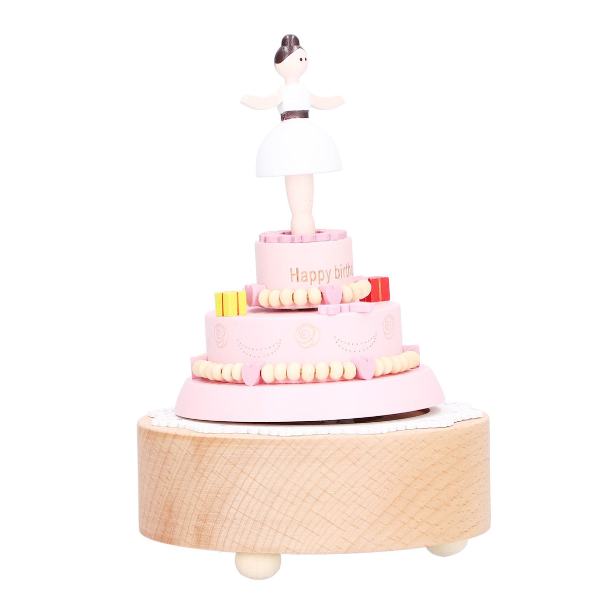 Wooden music box featuring a girl figure, ideal for birthday cake decoration or pretend play, by Everything Baby.