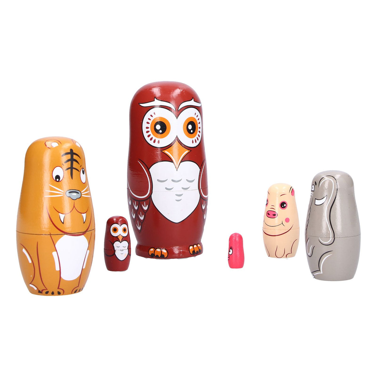 Six handmade cartoon Russian nesting dolls ornaments for kids, ideal for pretend play and kids' toys in home or gift settings.
