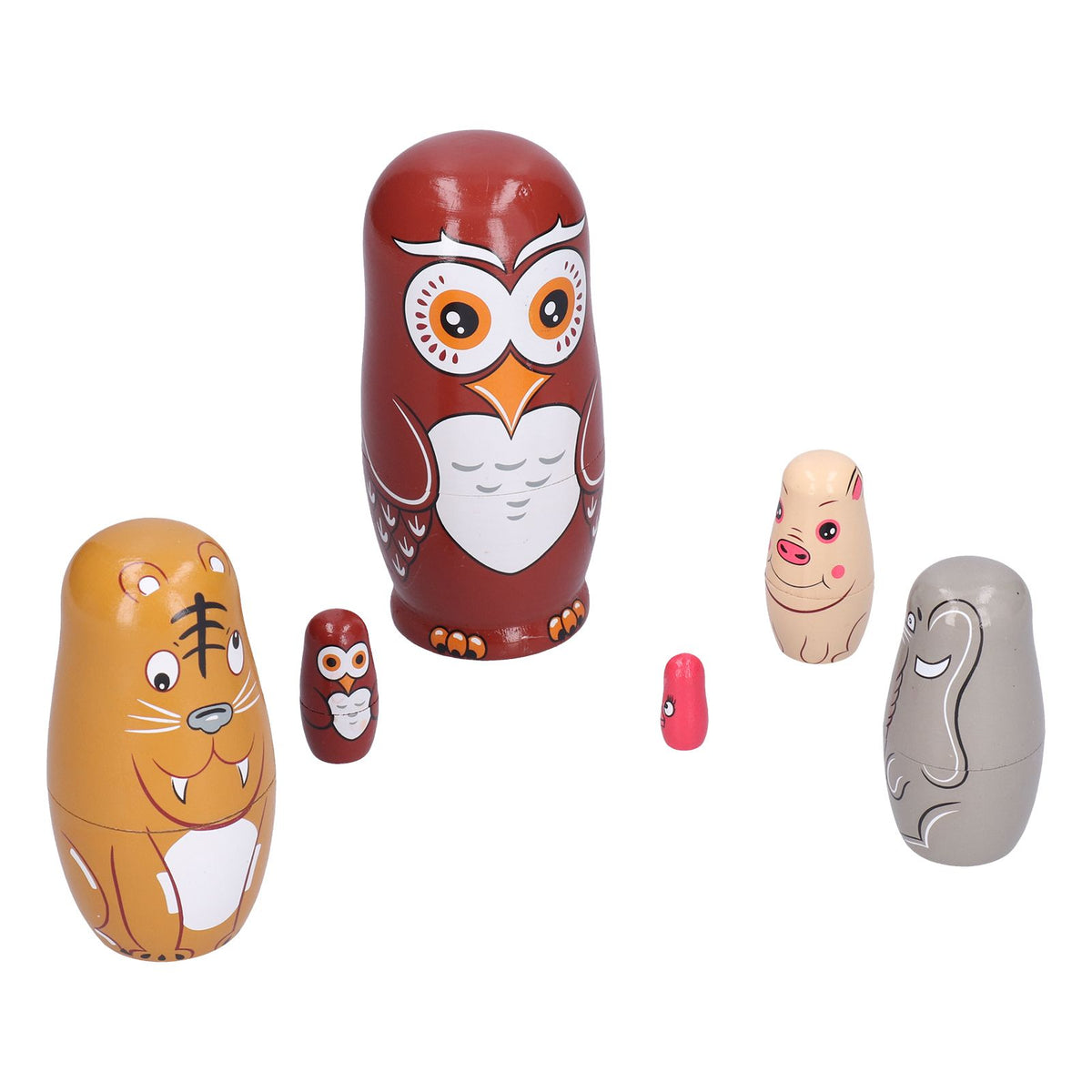 Six handcrafted cartoon Russian nesting dolls ornaments for kids' pretend play and home decor, made by Everything Baby.
