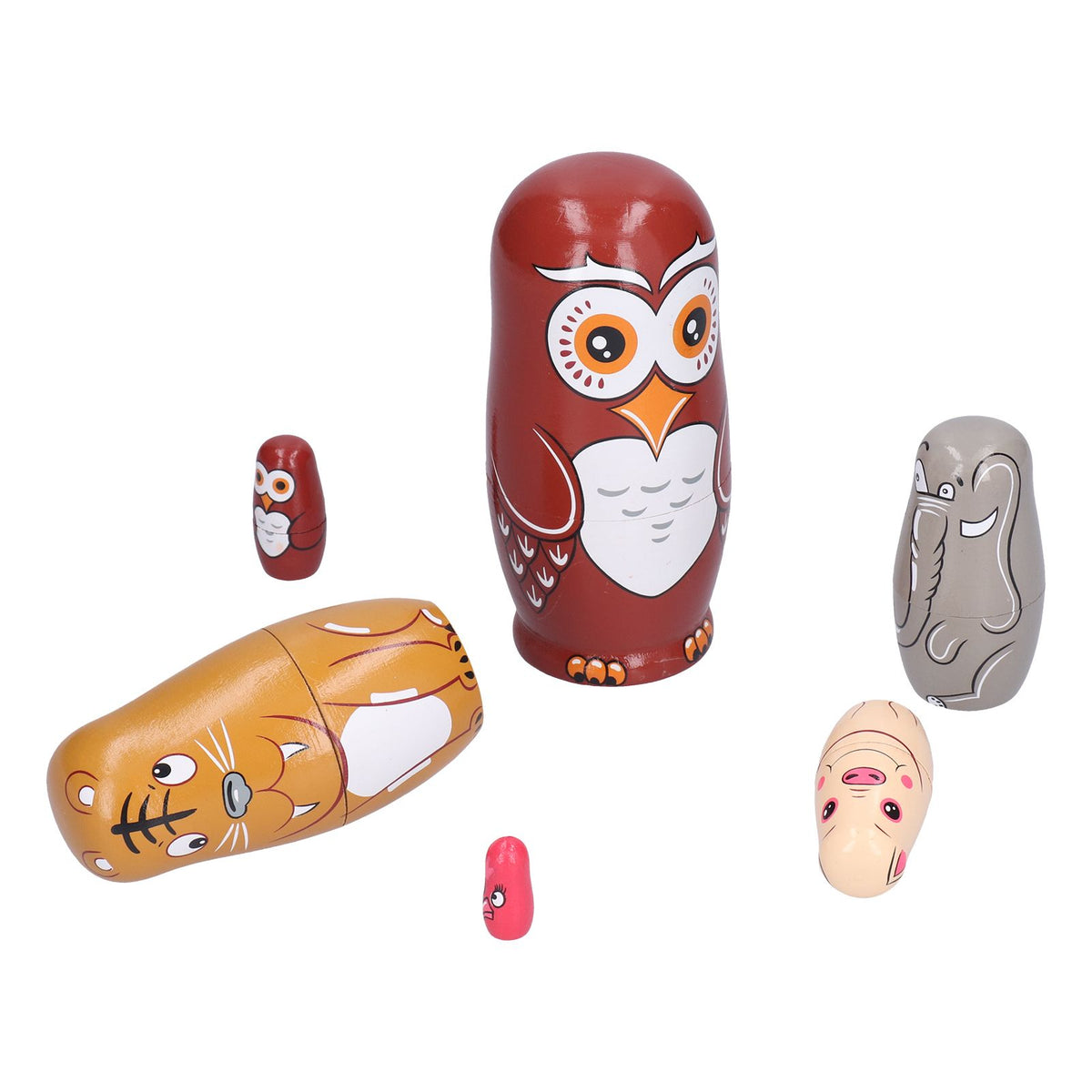 Six handmade cartoon Russian nesting dolls ornaments for kids' pretend play, part of Everything Baby’s baby and kids’ toy collection.