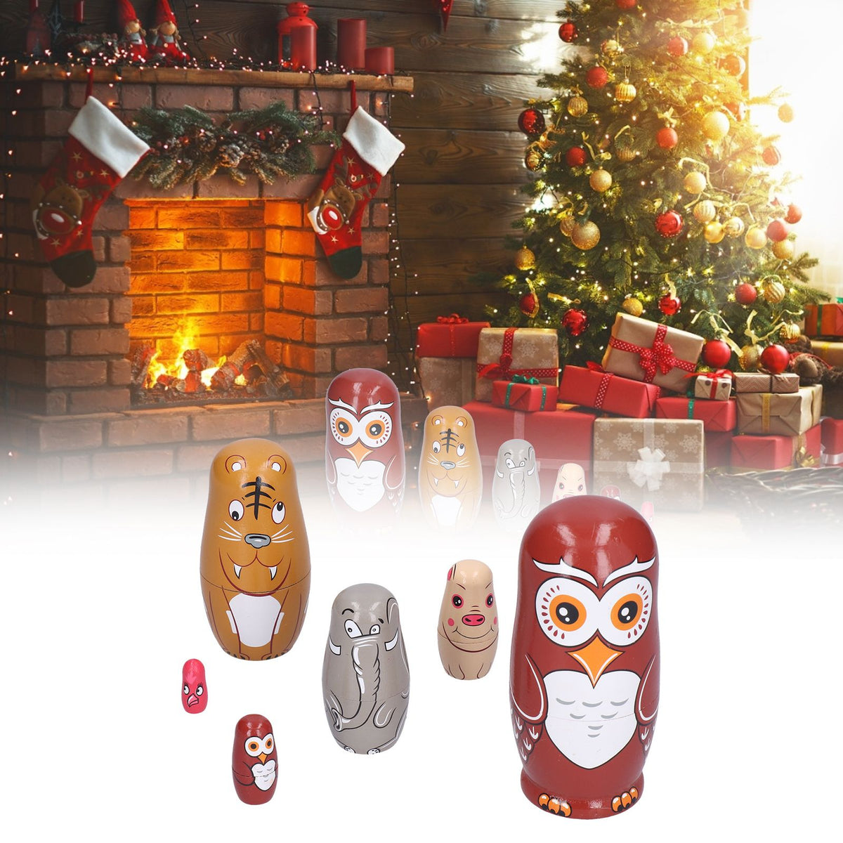 Six handmade cartoon Russian nesting dolls ornaments for kids, perfect for pretend play and home decor, by Everything Baby.