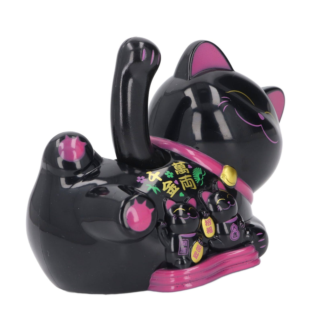 Black solar-powered waving cat figurine for car dashboard, featuring a cute fortune cat design by Everything Baby.