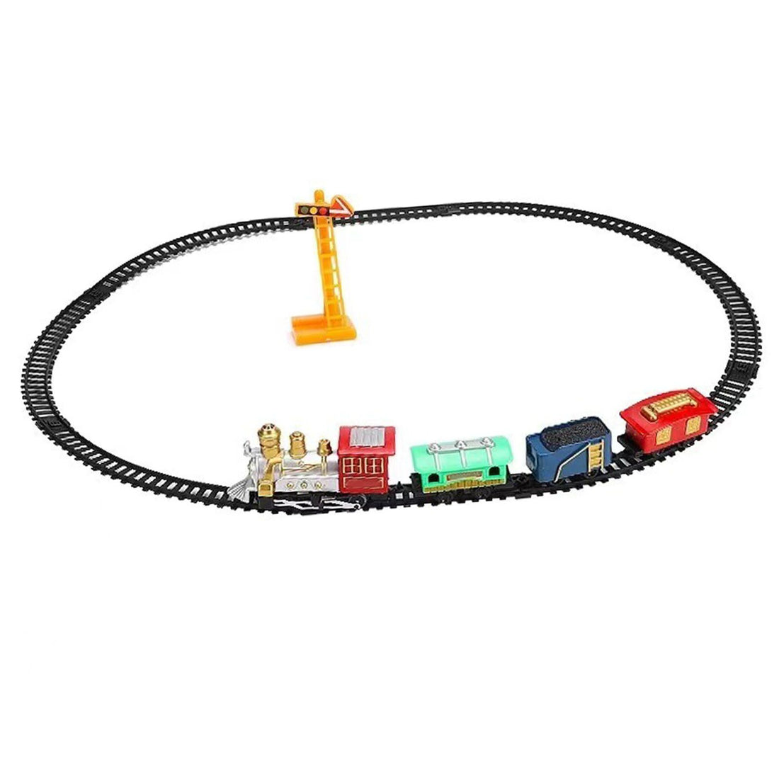 Colorful vintage toy train set with electric track, festive Christmas theme, perfect for kids' ride-on train play by Everything Baby.