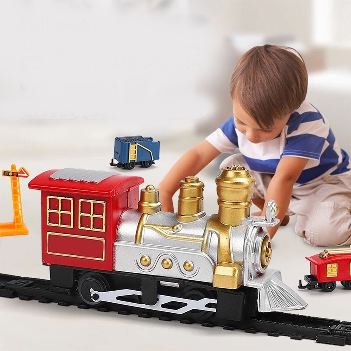 Retro Christmas-themed electric toy train set by Everything Baby, featuring a steam train on colorful track for kids' festive play.