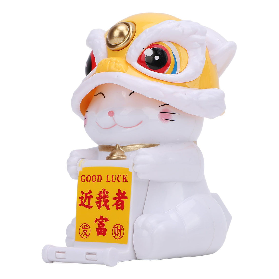 Yellow solar-powered lion dance cat dashboard ornament for cars, featuring a nodding Chinese lucky cat figure for home and vehicle decor.