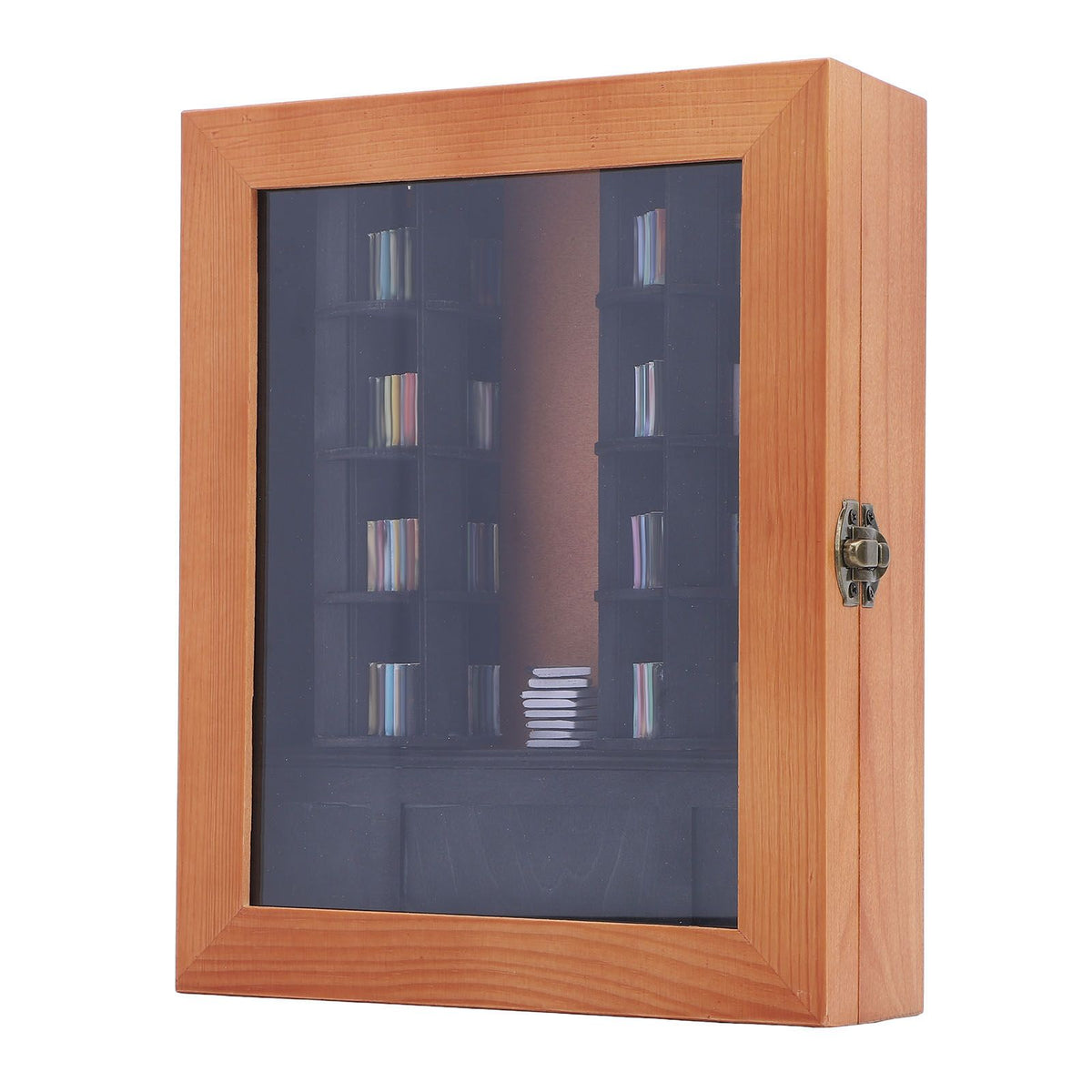 Solid wood and plastic miniature book display case from Everything Baby, rotatable tiny library for kids' bedrooms or playrooms.