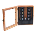 Miniature wooden and plastic display case for tiny books, rotatable library shelf for kids' room decor and storage.