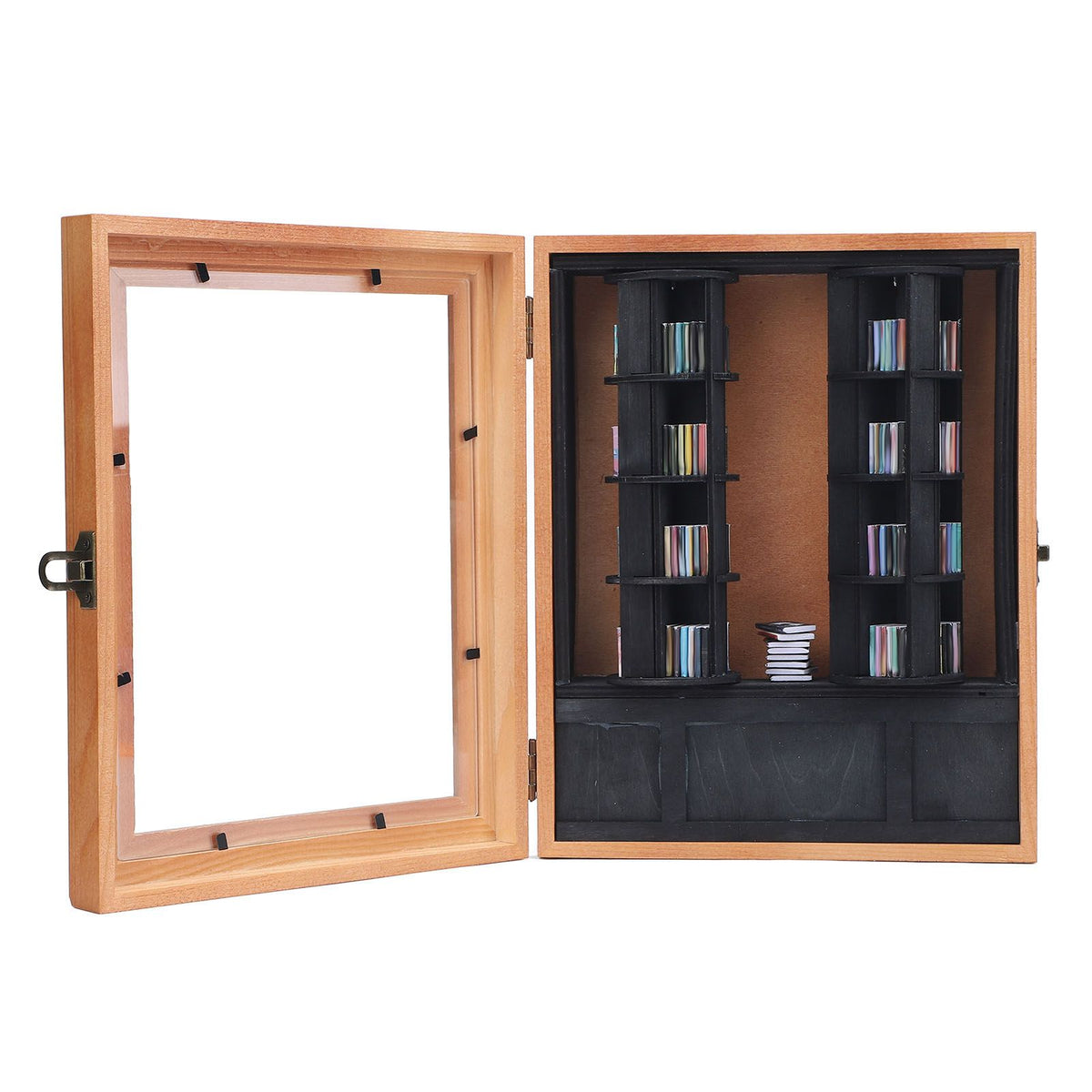 Miniature wooden and plastic rotatable book display case for kids, showcasing tiny library shelves in a colorful children's room.