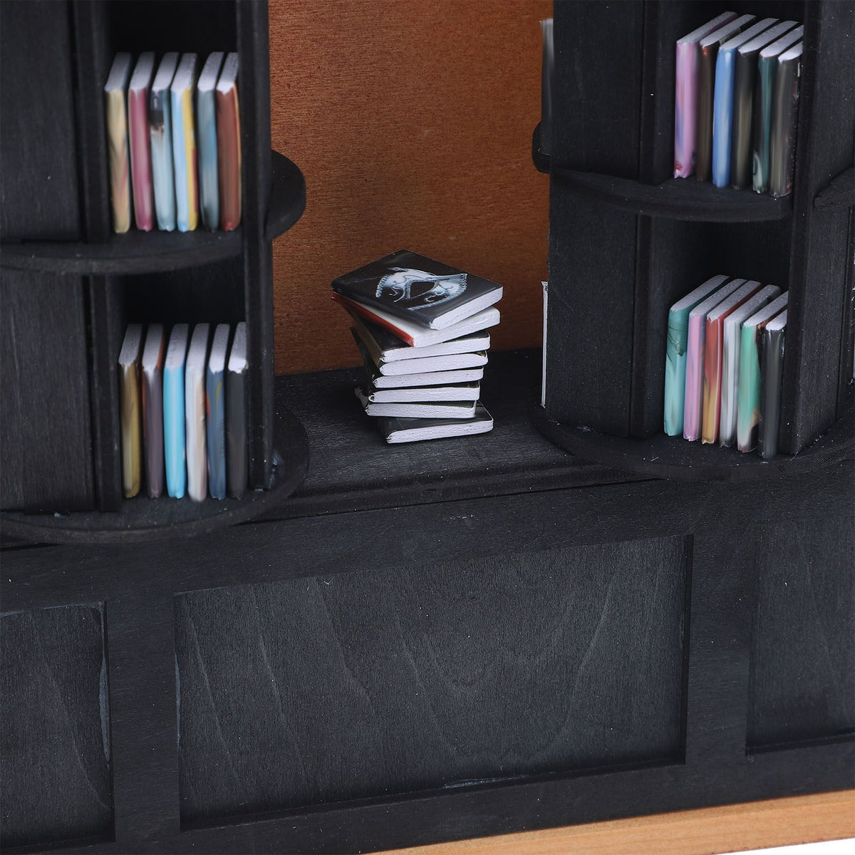Solid wood and plastic miniature book display case by Everything Baby, rotatable tiny library shelf for kids' room decor.