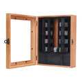 Miniature wood and plastic book display case with rotatable shelves, designed for tiny library collection in a kid's room.