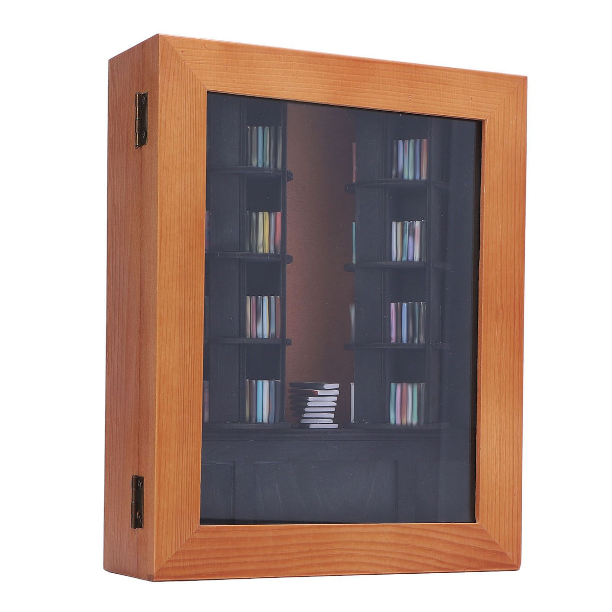 Miniature wooden and plastic display case for tiny books, rotatable library shelf for kids' room decor by Everything Baby