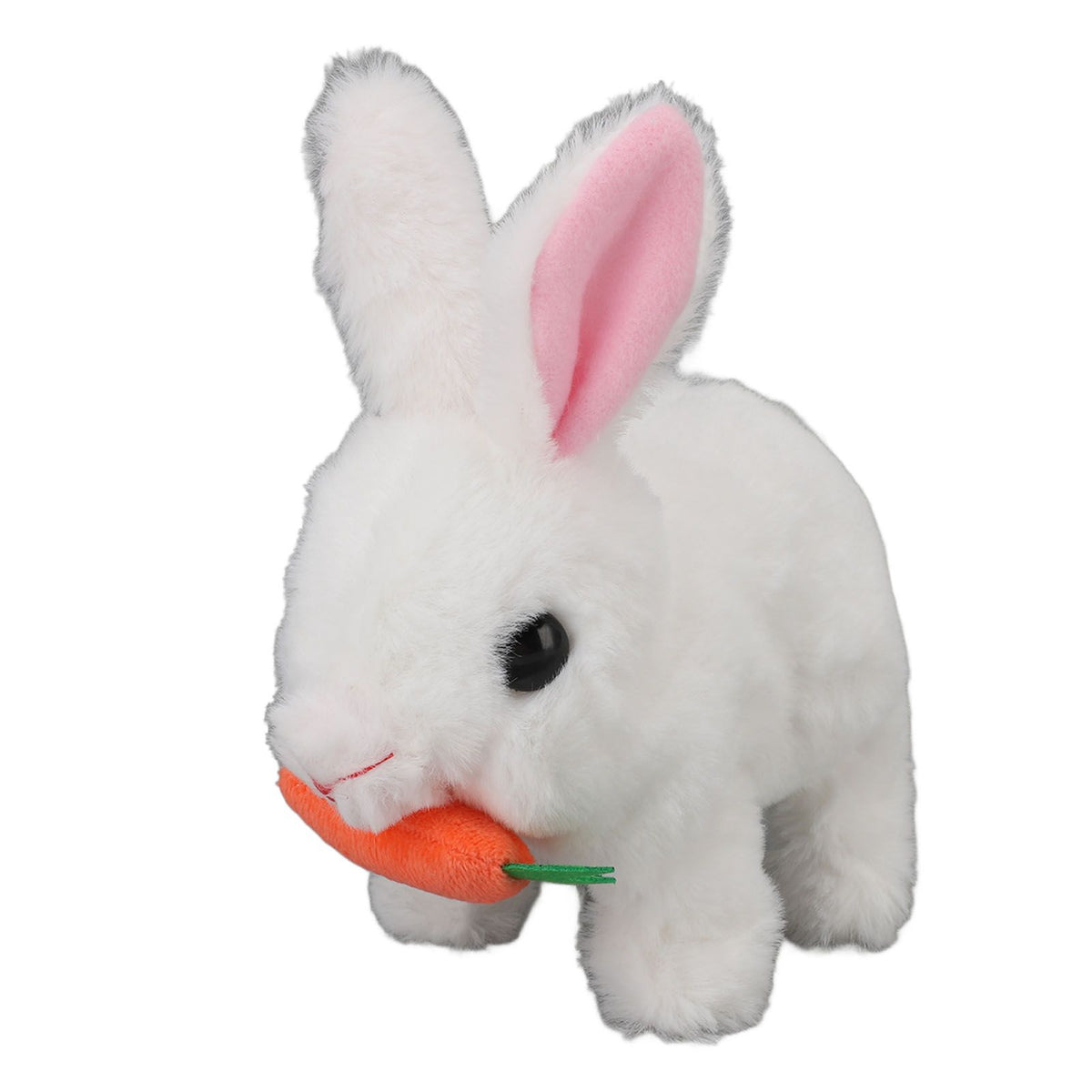 White plush interactive hopping bunny toy with wiggle ears, sound, and realistic features for kids' pretend play and Easter gifts.