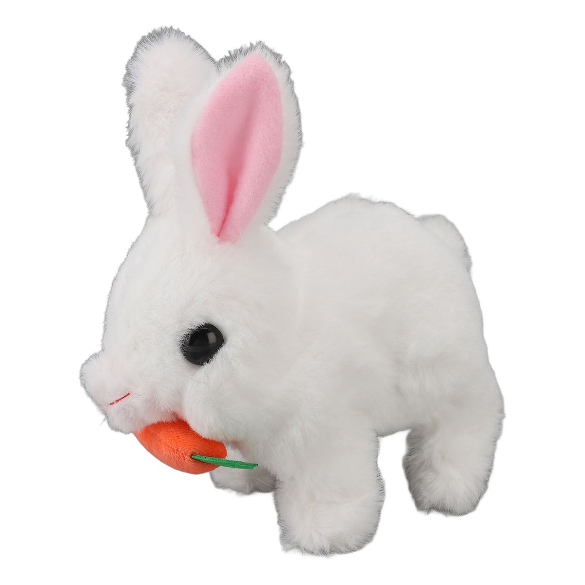 Realistic white plush bunny toy for kids with wiggling ears, sound, and hopping features, ideal for Easter and birthday pretend play.
