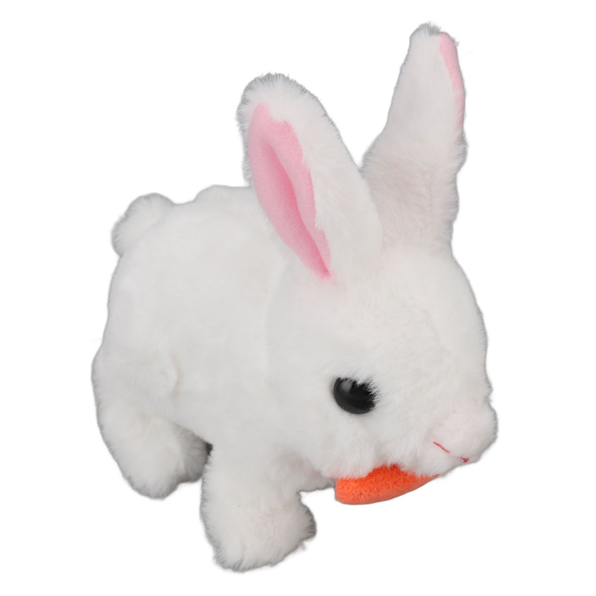 White plush bunny toy with wiggle ears, electronic hopping and sound features, perfect for kids' pretend play and Easter gifts.