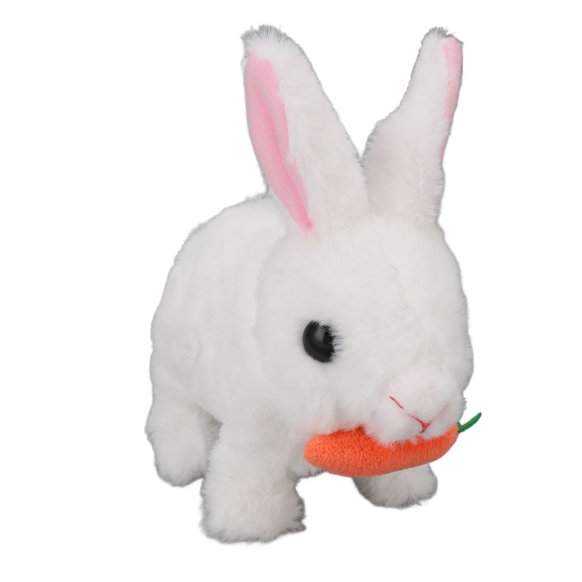 Realistic white plush bunny toy with wiggle ears, electronic hopping action, and sound for kids' pretend play and Easter gift.