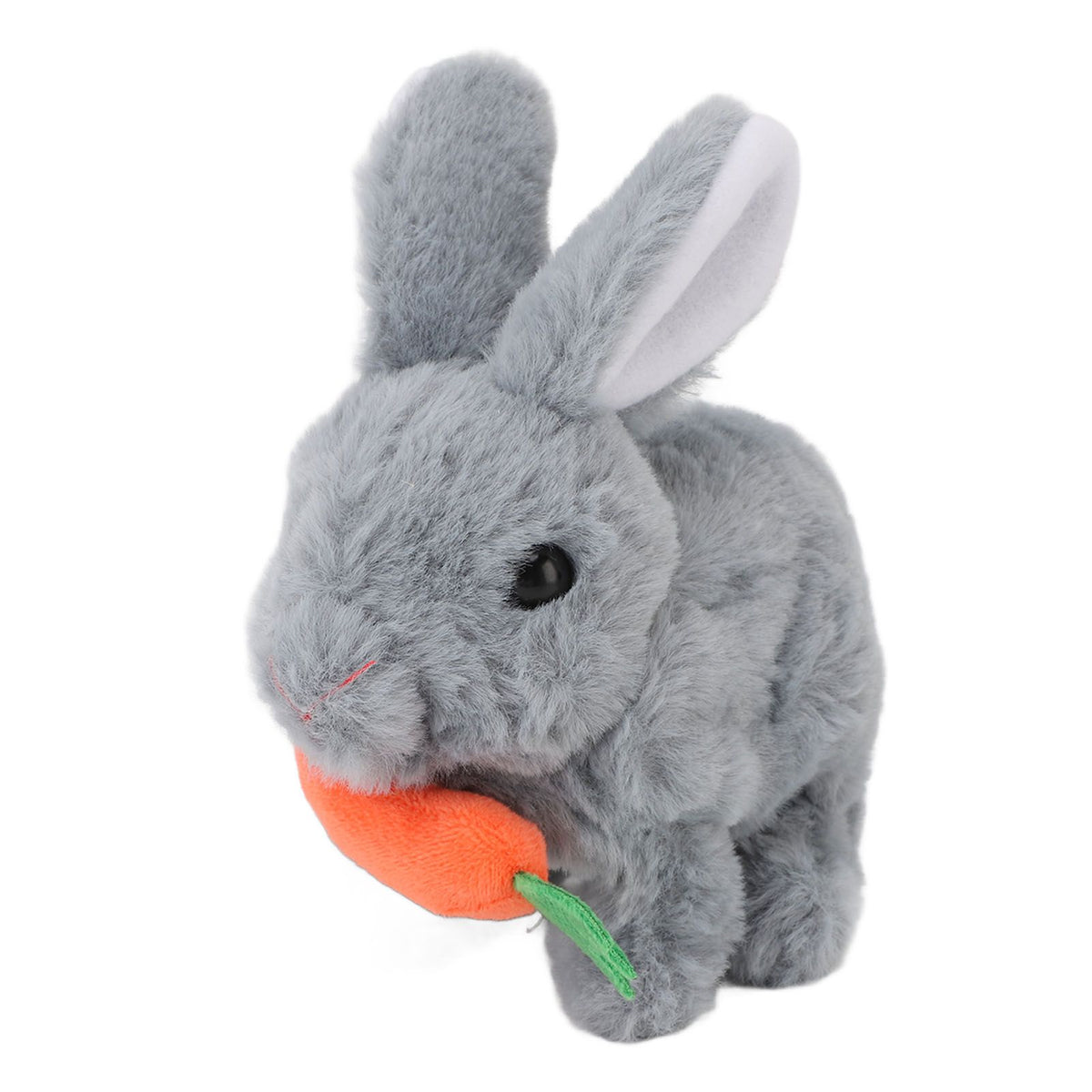 Grey plush bunny toy with wiggle ears and sound, designed for kids' pretend play and interactive Easter fun by Everything Baby.