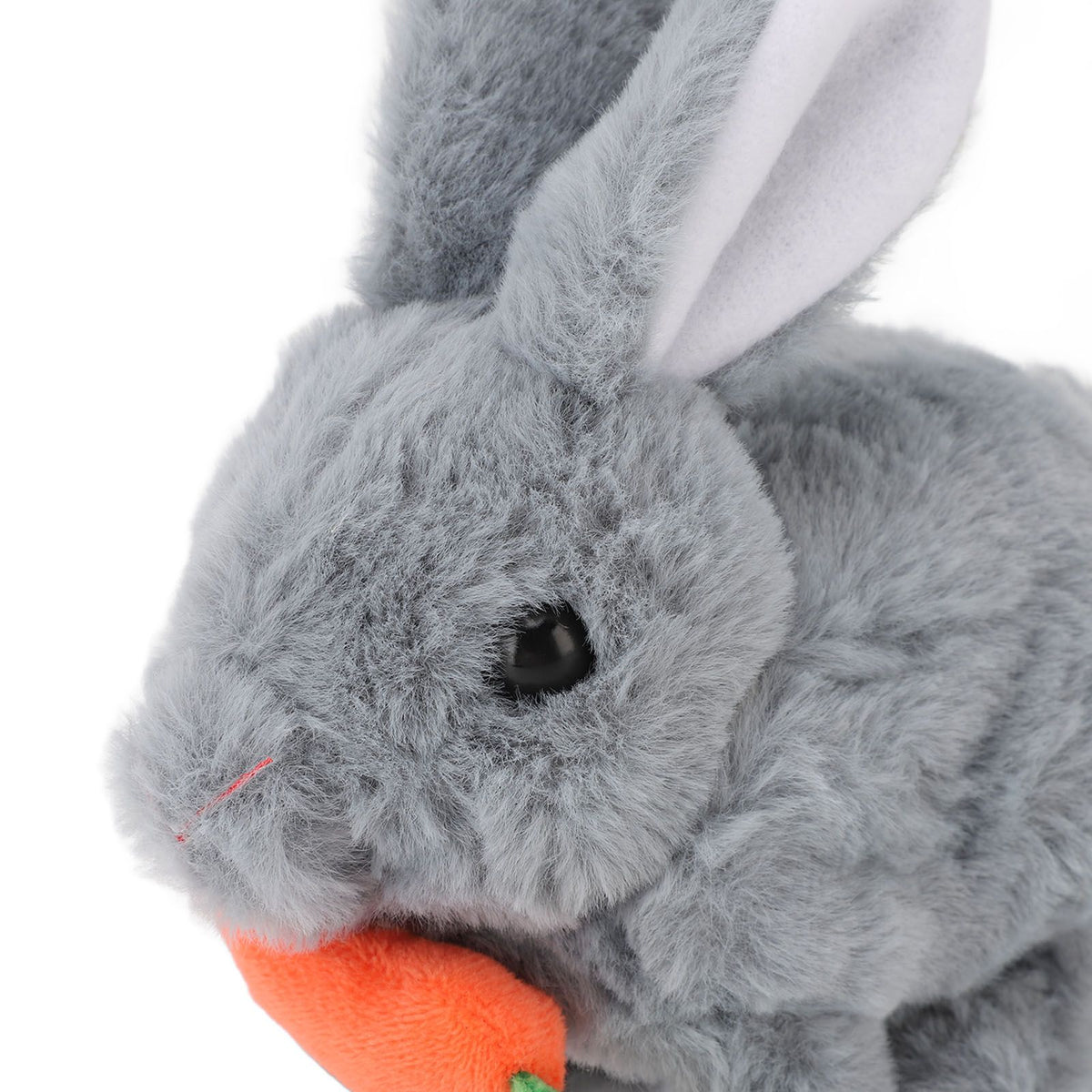 Gray plush interactive bunny toy with wiggling ears, sound, and hopping motion, perfect for kids' pretend play and Easter gifts