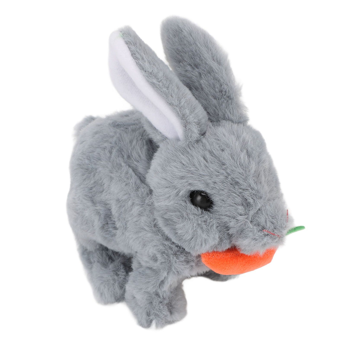 Gray plush bunny toy with wiggle ears, electronic hopping and sound features, ideal for kids' pretend play and Easter gift.