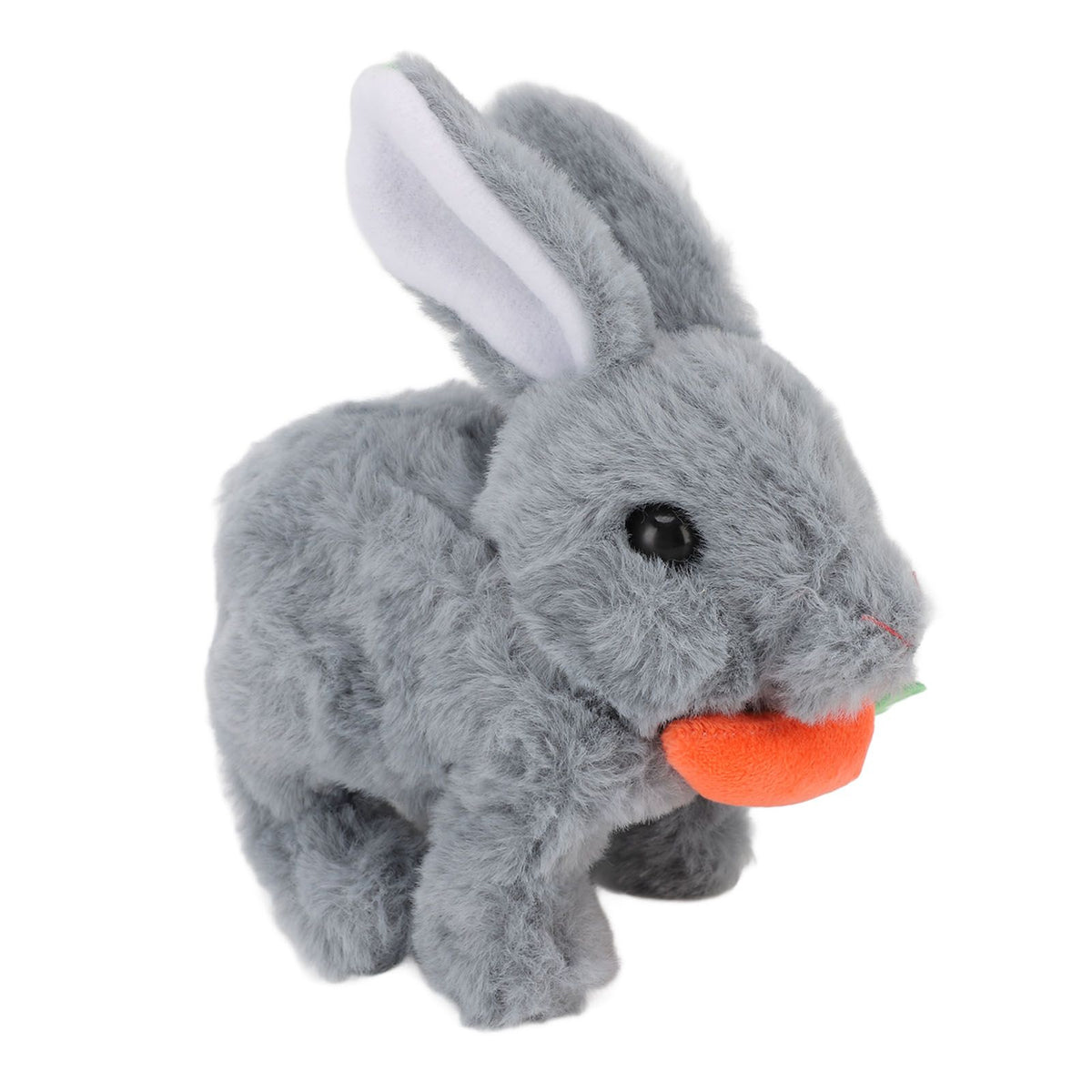 Grey plush interactive bunny toy with wiggling ears, sound effects, and hopping motion for kids, perfect Easter or birthday gift.