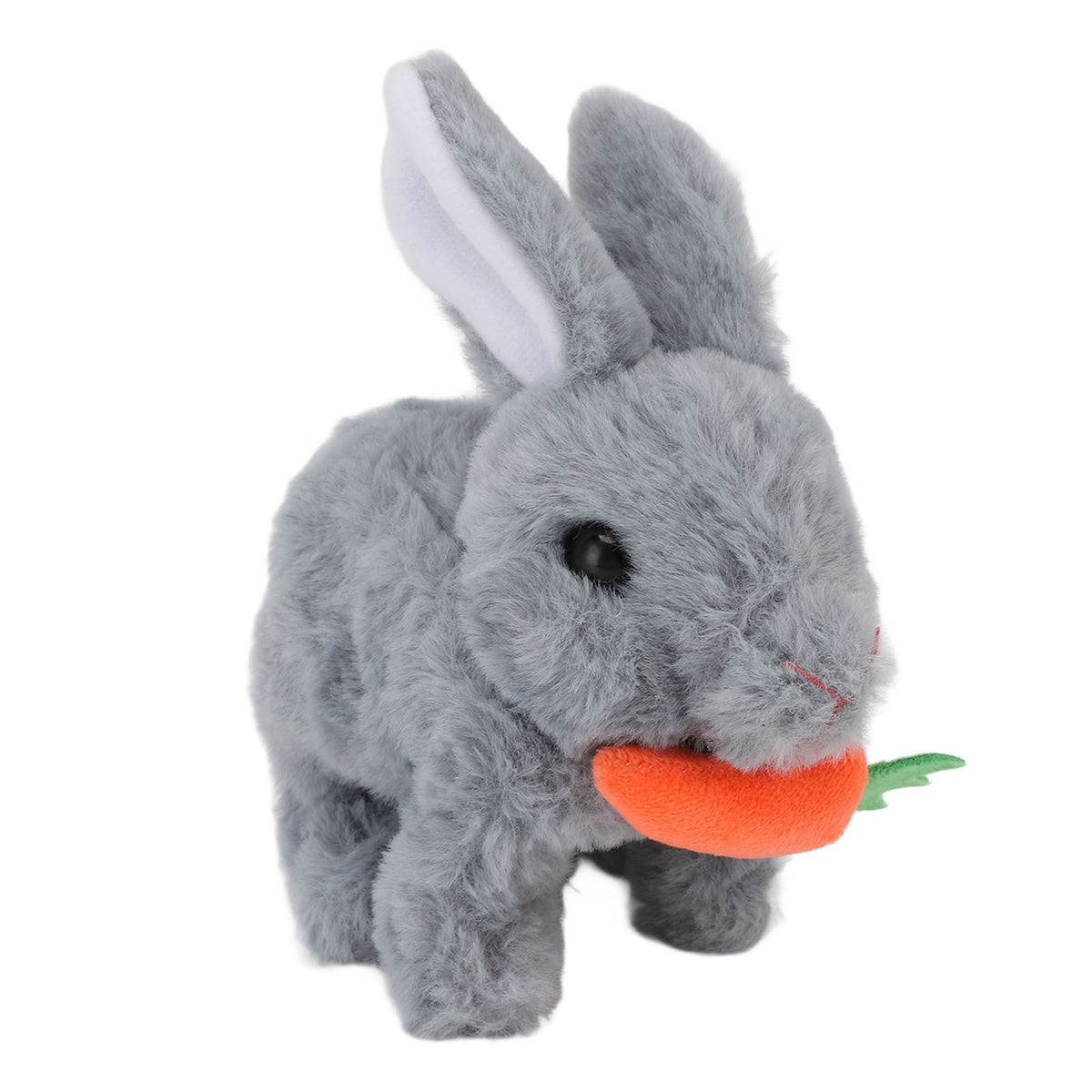 Realistic grey plush bunny toy with electronic hopping, sound, and wiggling ears, ideal for kids' pretend play or Easter gifts