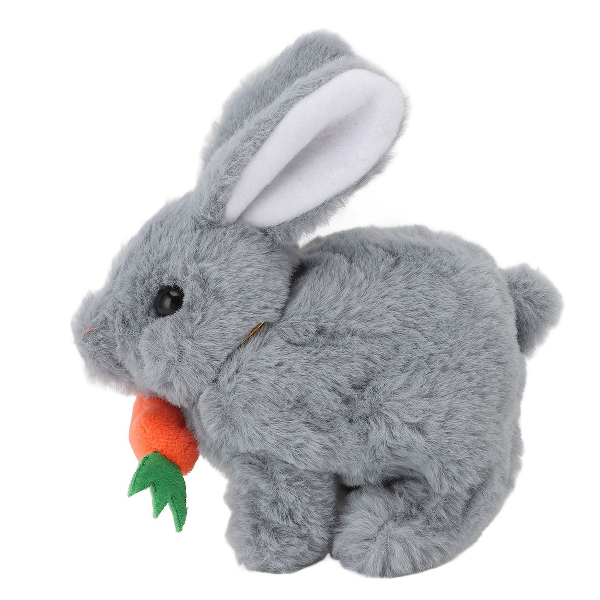 Grey plush bunny toy with wiggle ears, electronic hopping motion, and sound, ideal for kids' pretend play and Easter gift.