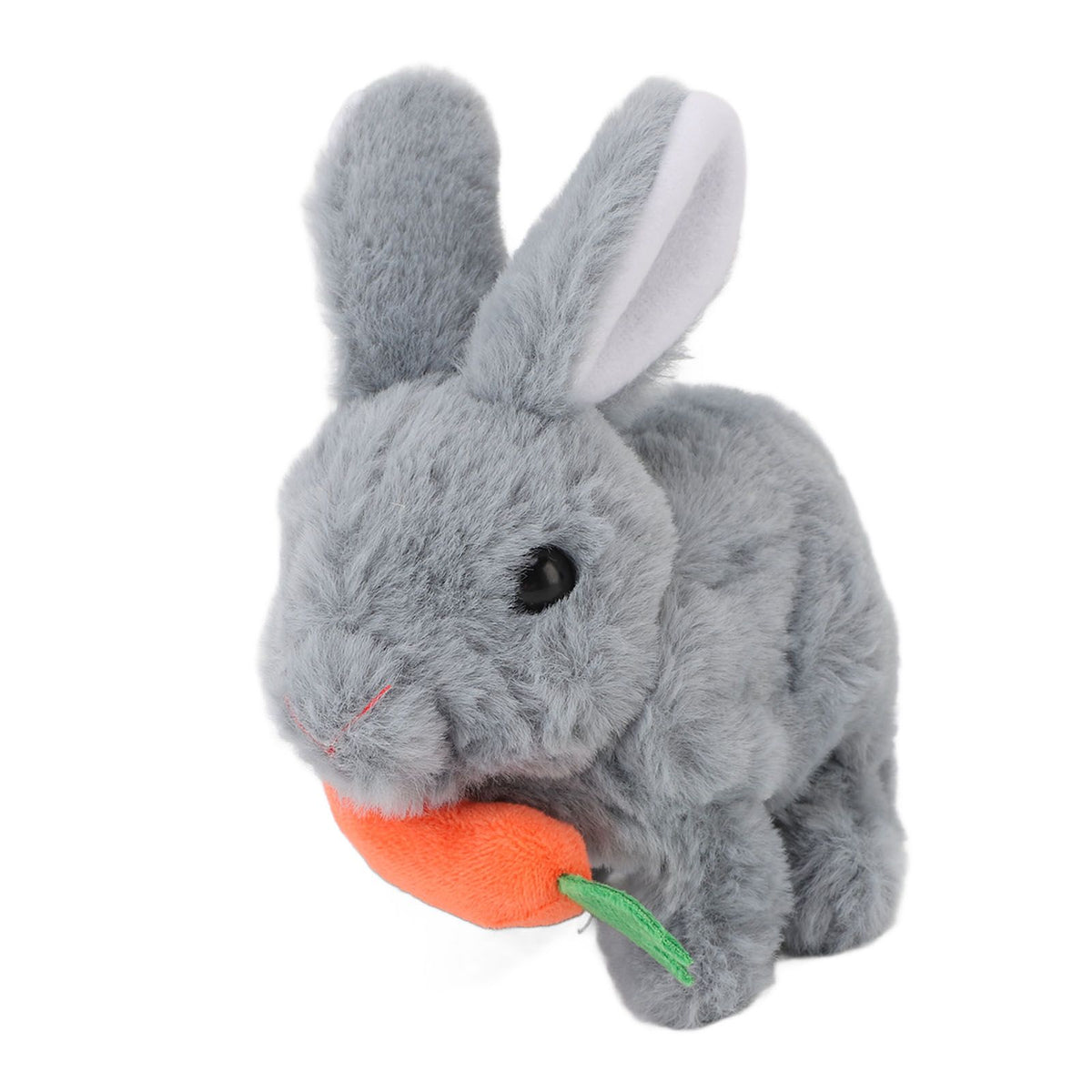 Grey plush hopping bunny toy with wiggling ears and sound, ideal for kids' pretend play and Easter gift from Everything Baby.