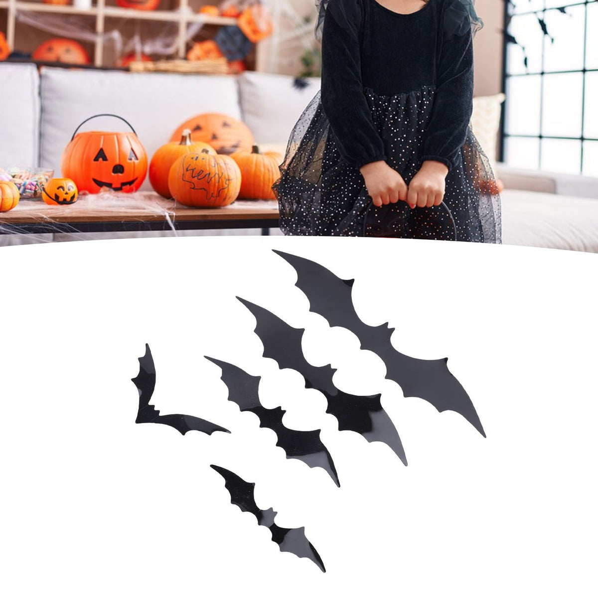 Set of 140 black 3D bat wall decals from Everything Baby, perfect for spooky home or party decoration, featuring backing sheets.