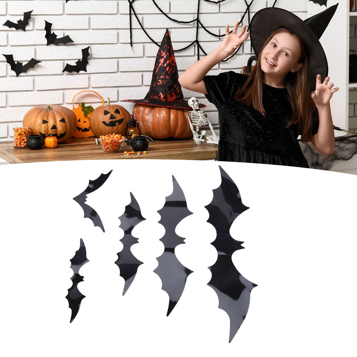 Set of 140 black 3D bat wall stickers from Everything Baby, perfect for spooky home or party decor with backing sheets.