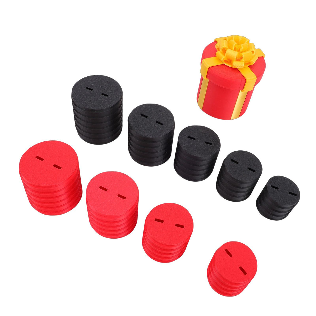 Red nested screw gift box with 3D printed layers, reusable prank toy for kids, part of pretend play toys for birthdays.