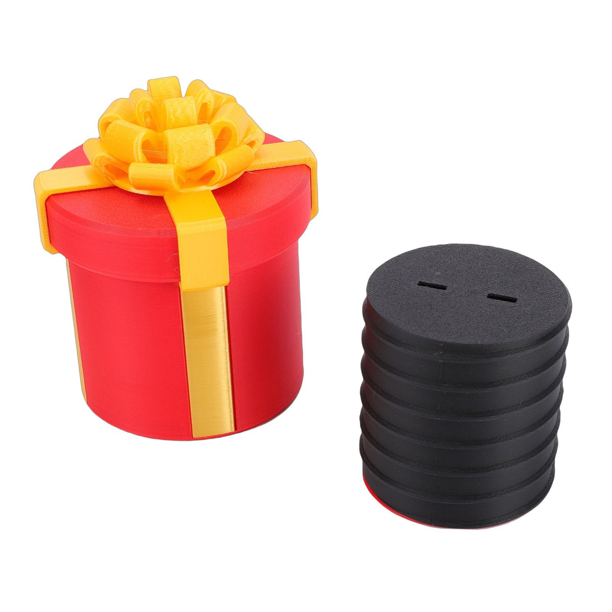 Red 3D printed nested screw gift box with multiple layers, designed for pretend play, prank surprise, and birthday fun for kids.