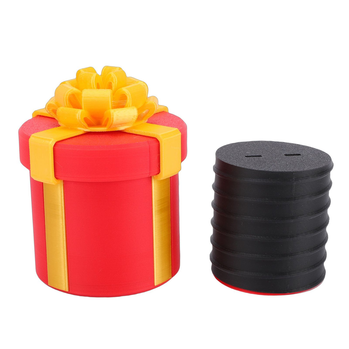 Red nested screw gift box for kids, 3D printed with layers and screws, perfect for pretend play and birthday surprises.
