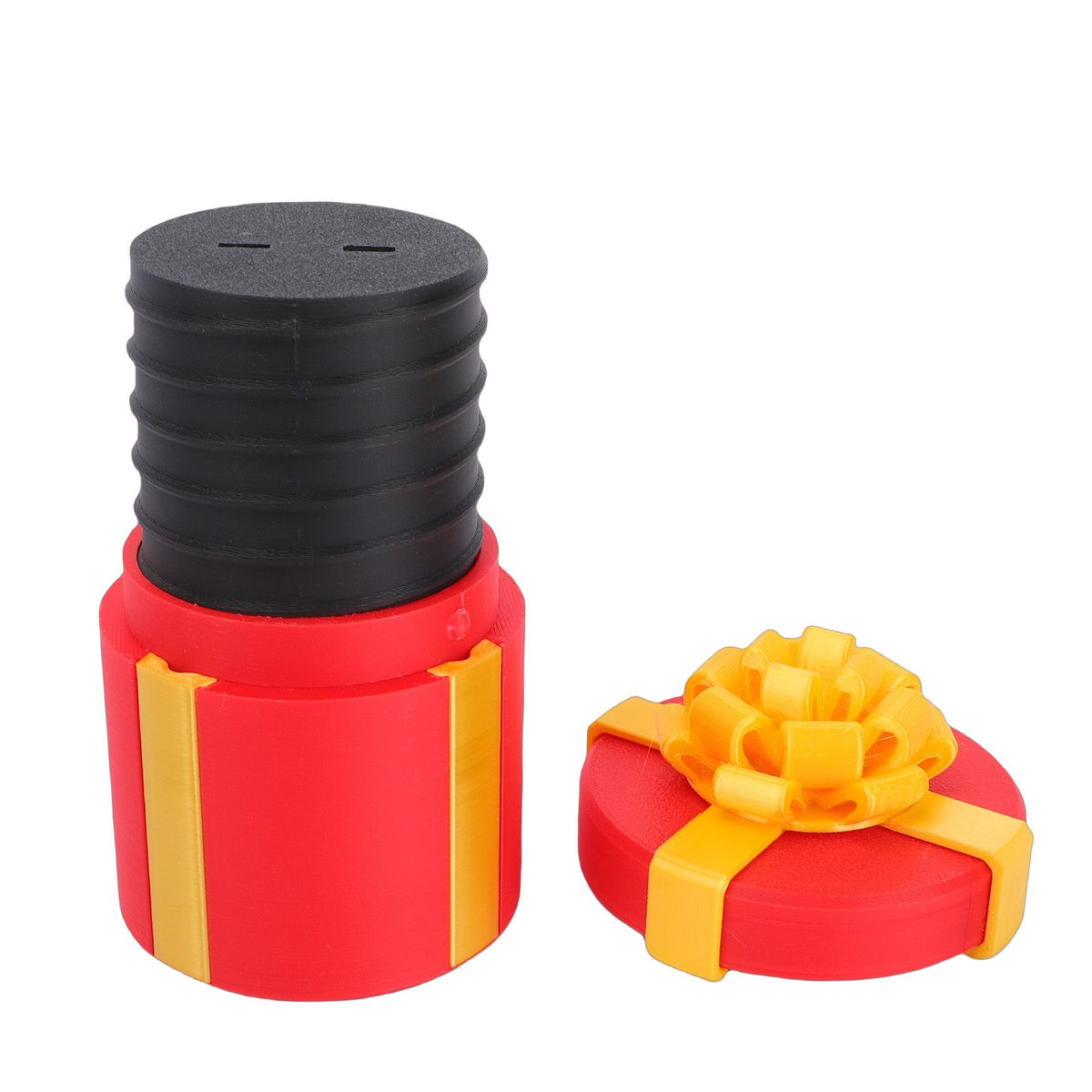 Red 3D printed nested screw gift box with layers, prank toy from Everything Baby for pretend play and birthday surprises.
