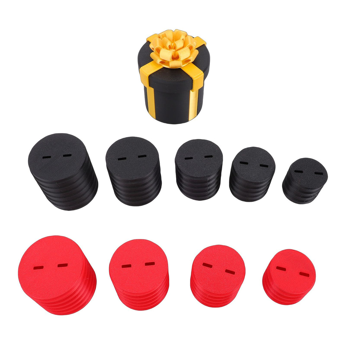 Black 3D printed nested screw gift box with layers, designed for pretend play and surprise prank at birthday parties.