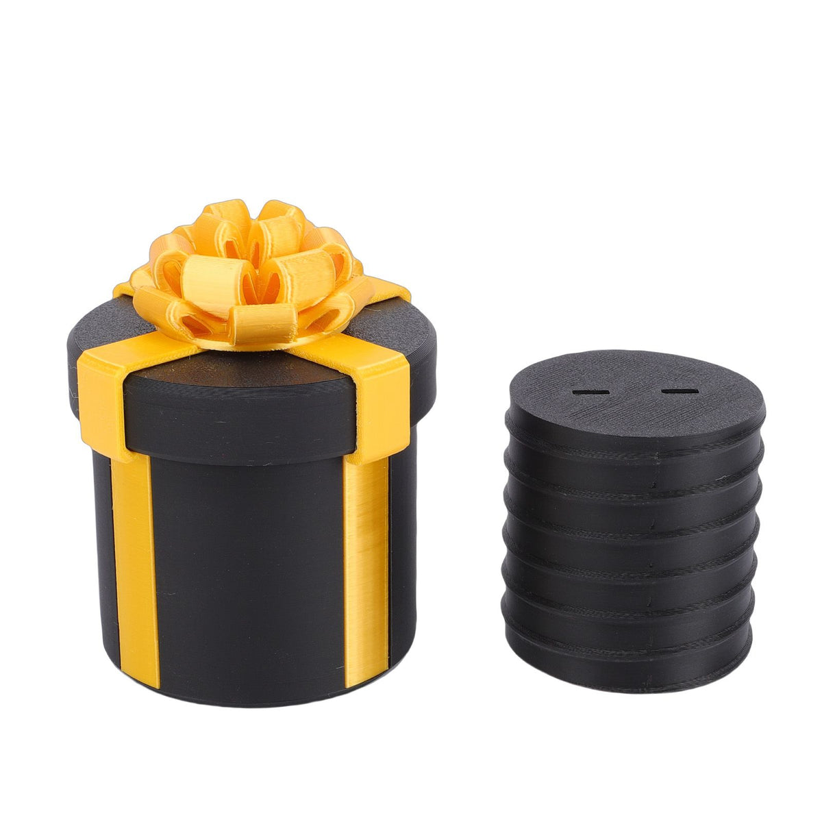 Black nested screw gift box with 3D printed layers, featuring hidden screws for fun pretend play toy by Everything Baby.