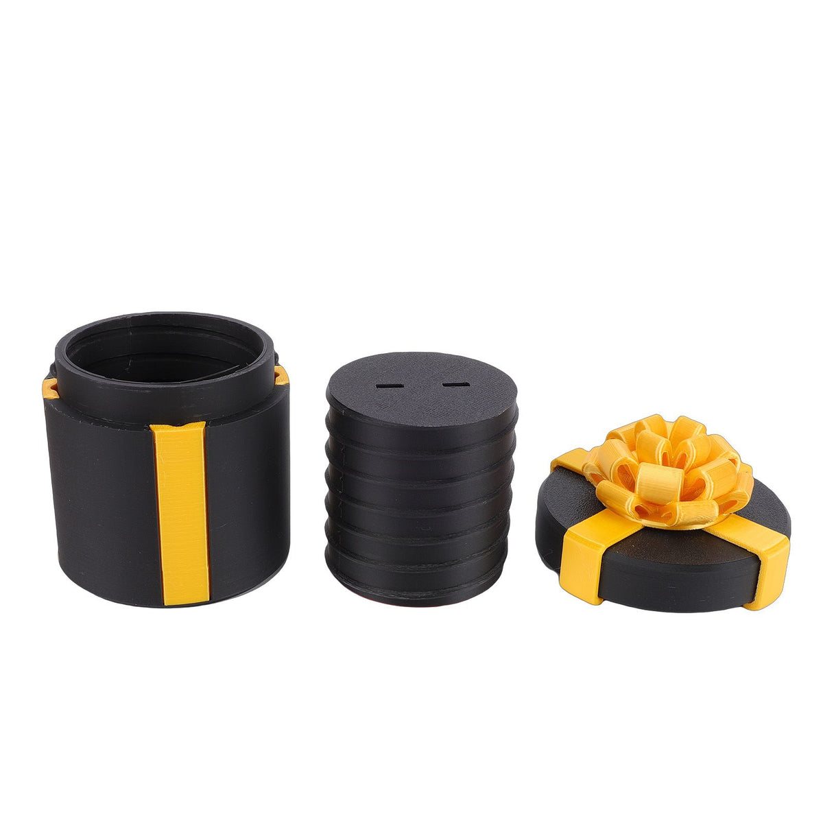 Black 3D printed nested screw gift box from Everything Baby, with layered surprise and screws for pretend play and pranks.