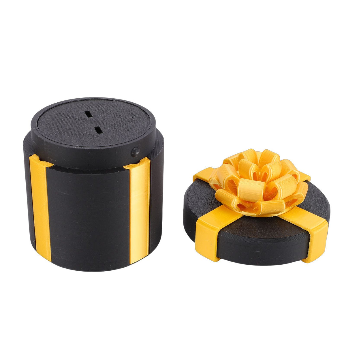 Black nested screw gift box with 3D printed layers, playful prank toy from Everything Baby for pretend play and surprises.