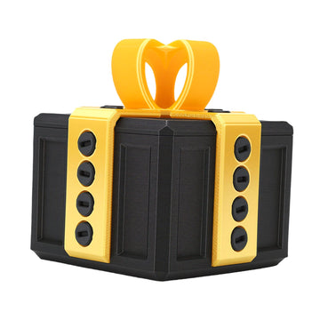 3D printed funny gift box with nested screws, gold and black, designed as a playful surprise toy for kids and birthdays.