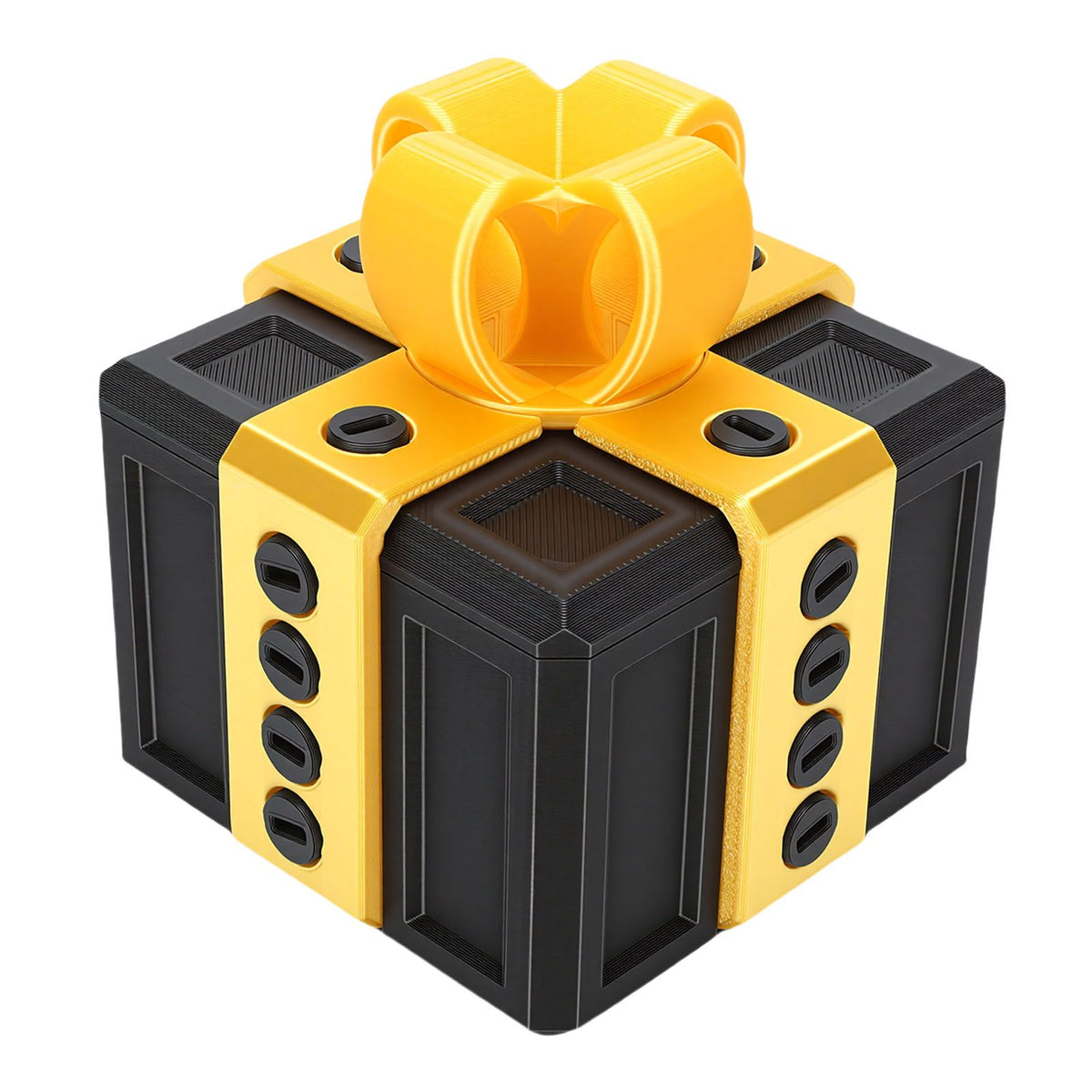 3D printed funny gift box with nested screws, featuring light gold and black colors, designed as a playful birthday or holiday surprise toy.