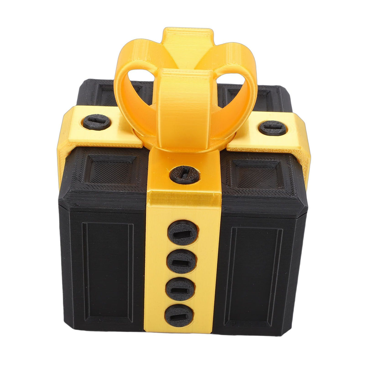 3D printed funny gift box with nested screws, featuring light gold and black colors, designed for kids' birthday or holiday surprises.