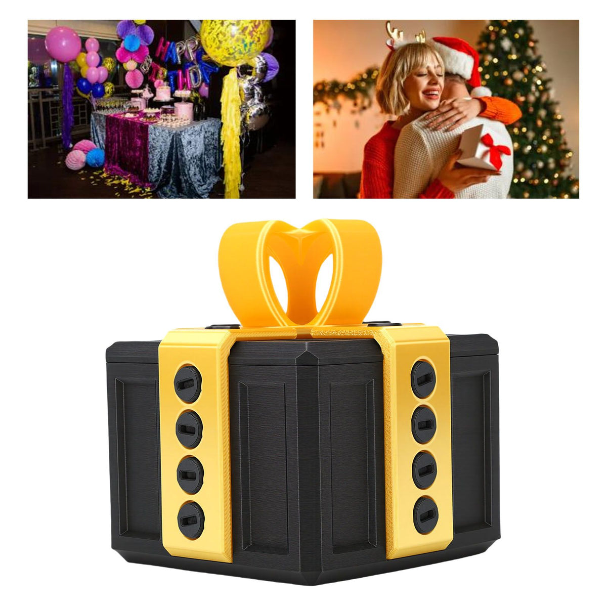 3D printed funny gift box with nested screws in gold and black, designed for kids' building toy surprise by Everything Baby