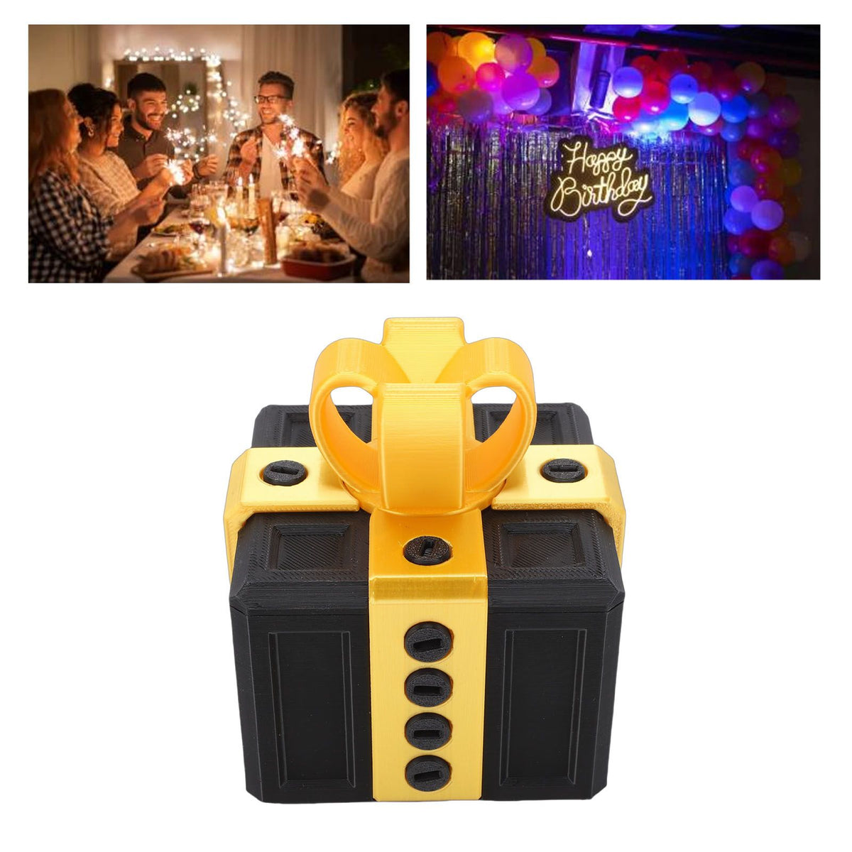 3D printed funny gift box with nested screws, gold and black, designed for birthdays and holidays, part of building toys for kids.